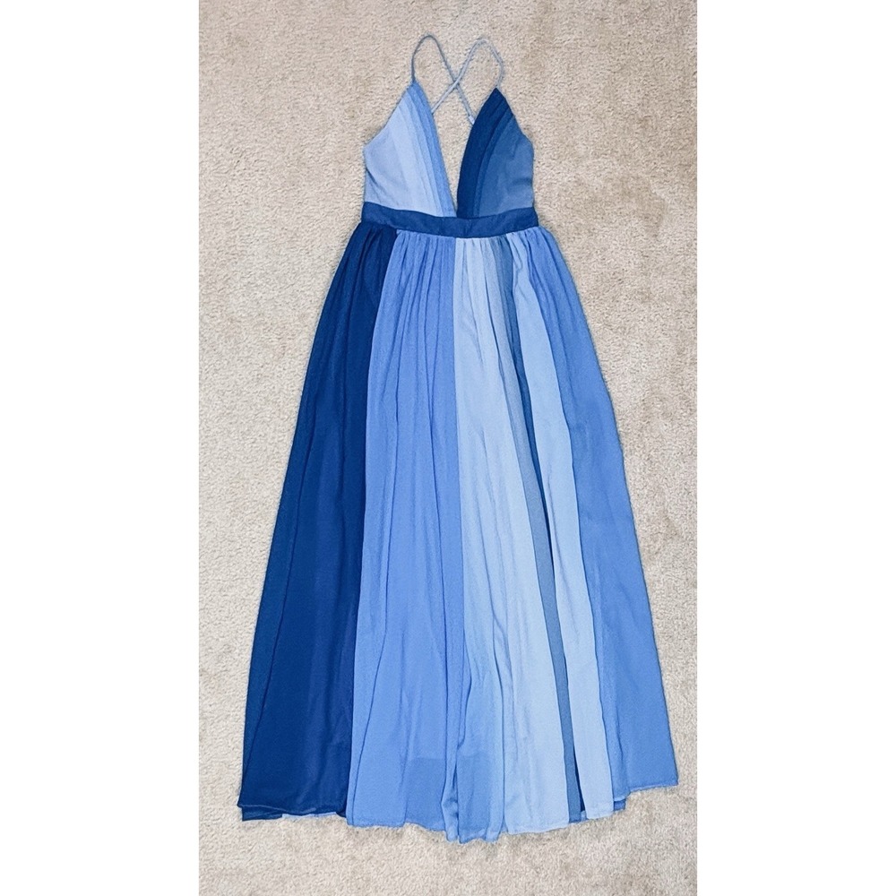 Pink Lily Women’s Blue Colorblock Maxi Dress V-Neck Chiffon Pleated Medium Flowy